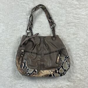 Kathy Van Zeeland Snakeskin and Taupe braided chain hobo bag purse